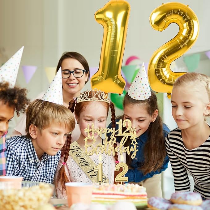 12th Birthday Decorations for Girls Gold with 12th Birthday Sash and Tiara, Candles and Cake Toppers, Number Balloons, 12 Year Old Gifts for Girl