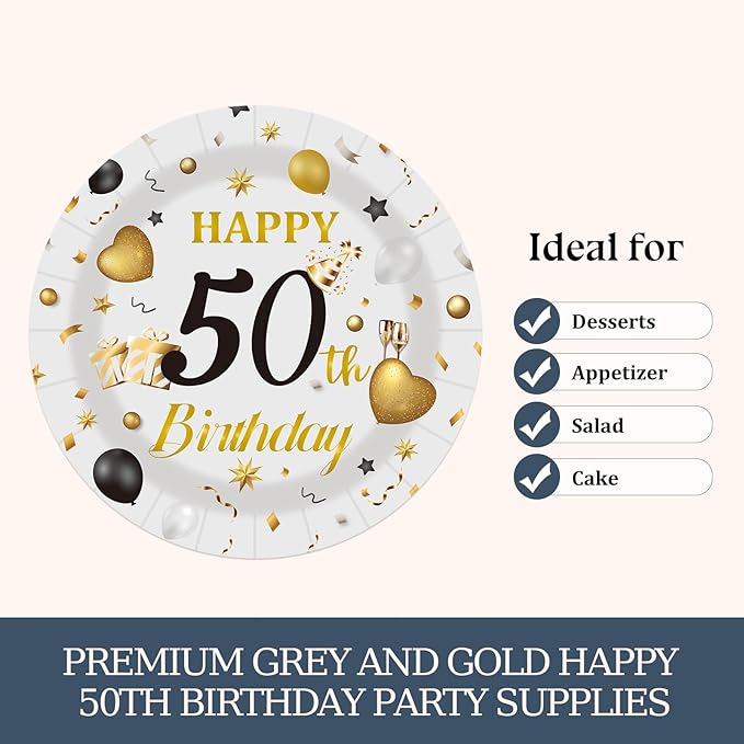 75PCS 50th Happy Birthday Plates and Napkins Party Decorations, 7 Inch Premium Grey and Gold Birthday Paper Dessert Cake Plates and Napkins Disposable Tableware Set Party Favors for Women Men