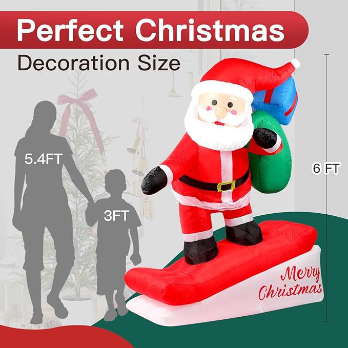 6FT Christmas Inflatables Decorations Outdoor，Blow Up Skiing Santa Claus with Built-in LEDs Lights for Indoor Holiday Party Yard Garden Lawn Décor