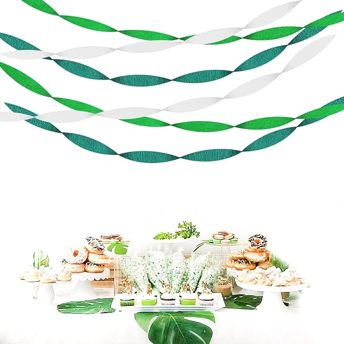 Green-White Birthday Party-Decorations Crepe-Paper Streamers - 9 Rolls Jungle Theme Paper Garland Streamer St. Patrick's Day Neutral Baby Shower Sping Summer Forest Backdrops Decor Panduola