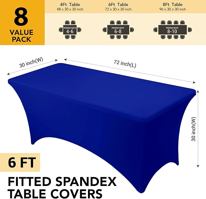8-Pack Premium Royal Blue Spandex Tablecloths for 6ft Rectangle Tables, Stain & Wrinkle-Resistant, Washable Stretch Polyester Fitted Table Cover for Weddings, Banquets, Trade Shows Events