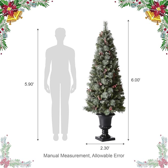 Glitzhome 2 Pack 6FT Pre-Lit Artificial Christmas Tree, Entrance Tree Frosted Pine Cones and Berries Christmas Porch Tree with 200 Warm White Lights for Front Door Porch Entryway Holiday Home Decor