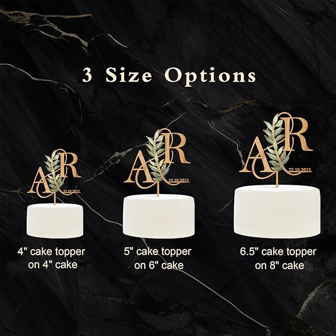 Personalized Wedding Cake Topper in Wood Custom Bride and Groom Initial Cake Topper Cake Decoration (Green Leaves)