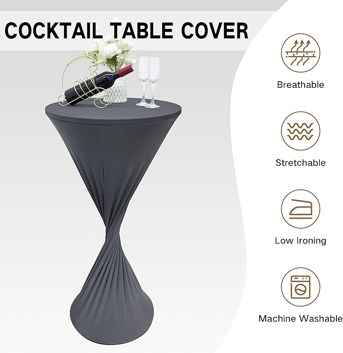 2PCS 24x43 Inch Round Fitted Cocktail Table Cover Grey Spandex Cocktail Table Cloth Highboy Fitted Tablecloth High Top Table Cloths for Party Pub Banquet Bistro