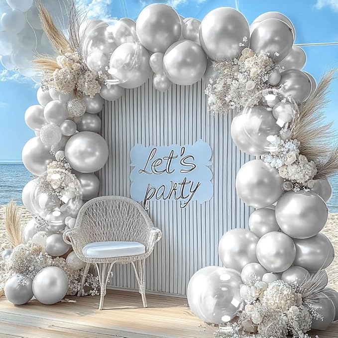 Pearl Silver Balloon Arch Double Stuffed Pearl Metallic Silver Balloon Garland Kit Different Sizes 12/10/5in With Clear Bobo Balloons for Birthday Wedding Bridal Baby Shower Graduation Party Decor