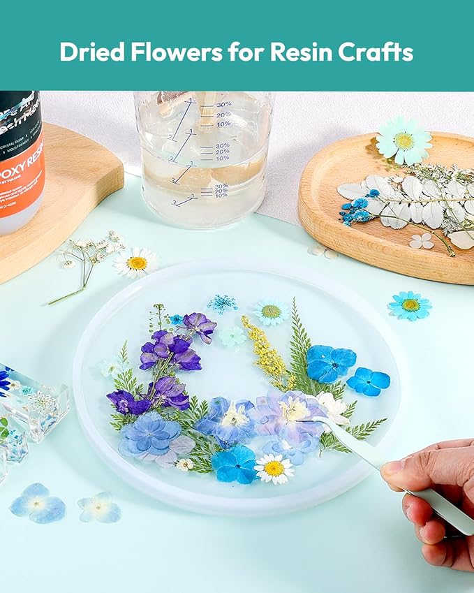 Dried Flowers, Resiners 100Pcs Pressed Flowers for Craft Blue Real Natural Dried Flowers Dry Leaves Kit for DIY Making Crafts Resin Soap Candle Scrapbook Supplies Card Making Jewelry