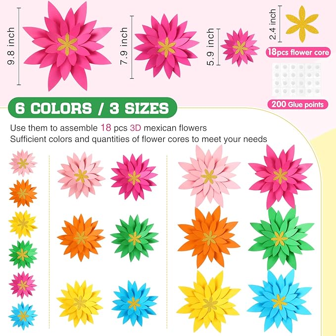 18 Pcs Mexican Paper Flowers Decor for Wall DIY Paper Fiesta Bulletin Board 3D Colorful Mexican Backdrop Decoration for Classroom Back to School Carnival and Holiday Party(Star-Shaped,Rainbow)