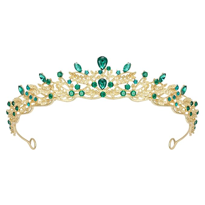 SWEETV Gold Princess Tiaras for Women Girls, Green Queen Crowns Tiaras Adult Headband for Bride Wedding Bridal Birthday Quinceanera Pageant Party Prom,Halloween Costume Cosplay Accessories