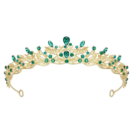 SWEETV Gold Princess Tiaras for Women Girls, Green Queen Crowns Tiaras Adult Headband for Bride Wedding Bridal Birthday Quinceanera Pageant Party Prom,Halloween Costume Cosplay Accessories