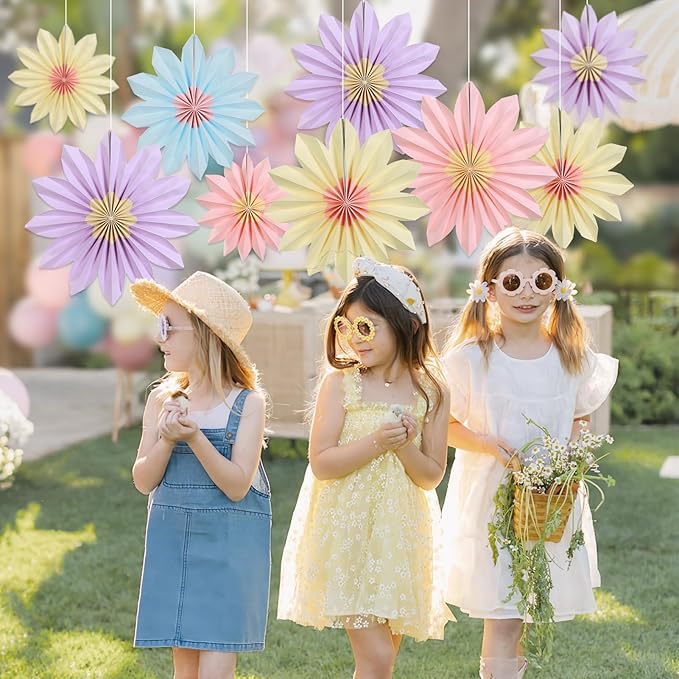 Homarkable 9 PCS Pastel Paper Flower Decorations,Yellow,Pink and Purple Pastel Party Decorations,Sunflower Folding Paper Fans,Classroom Decoration Paper Floral Backdrop Decor Paper Fans Decoration
