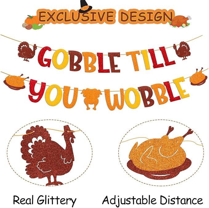 Gobble Till You Wobble Banner Thanksgiving Banner for Autumn Harvest Fall Thanksgiving Day Theme Family Kids Boy Girl Party Supplies Glitter Golden Decorations