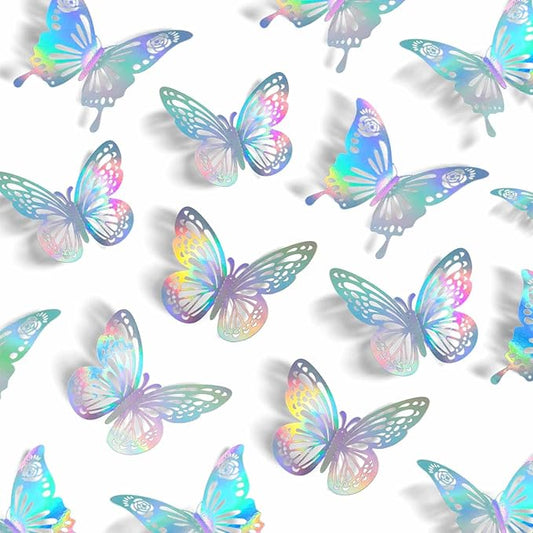 Laser Butterfly Wall Decor, 48Pcs 2 Styles 3 Sizes Butterflies for Birthday Cake Cupcake Toppers, 3D Paper Iridescent Sticker Graduation Grad Cap Decorations Baby Shower Girl Room Nursery Decals