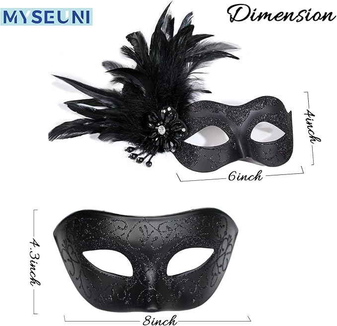 Black Couples Masquerade Mask Set - Women's Masquerade Masks with Feathers & Venetian Mask for Men, Mardi Gras, Halloween, Cosplay, Prom, Christmas