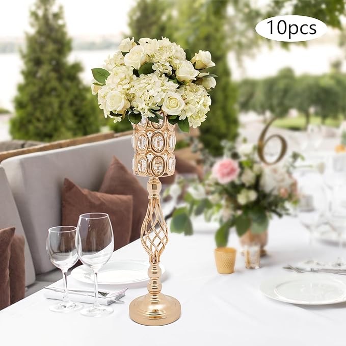 Wedding Centerpieces Gold Vases,10PCS Metal Flower Candle Holder,Wedding Vase for Tables,Crystal Flower Vase Metal Flowers Stand for Party Tables Decorations