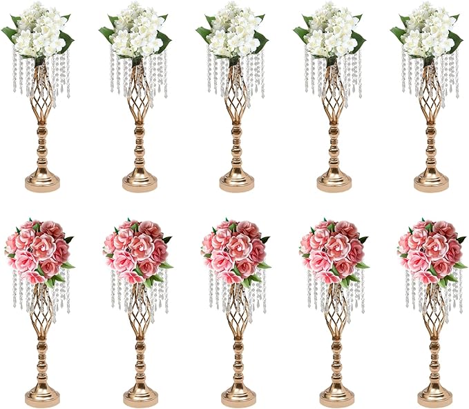Wedding Centerpieces Gold Vases,10PCS Metal Flower Candle Holder with Sparkling Crystal Beads,Crystal Flower Vase Metal Flowers Stand for Party Tables Decorations (10PCS-Gold-14cm)