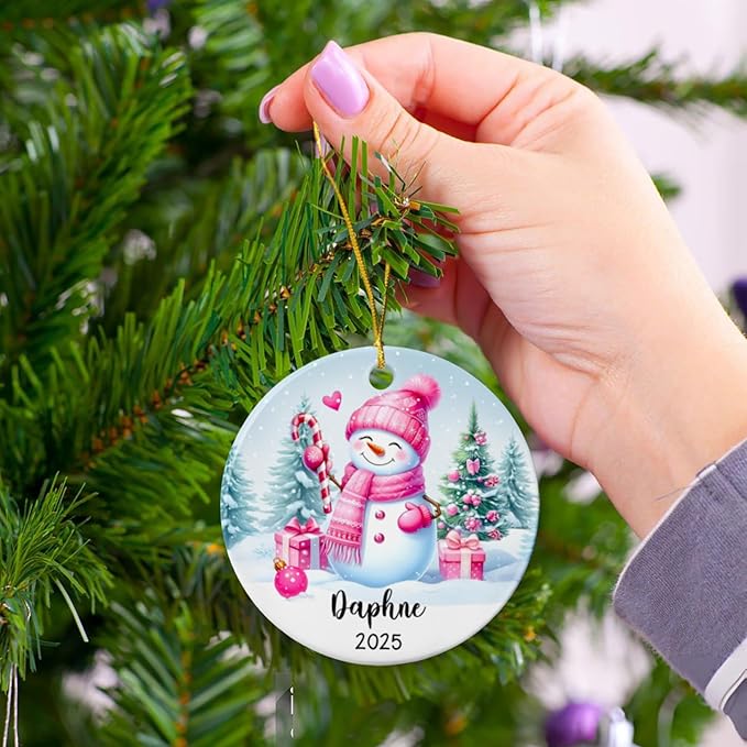 Personalized Pink Snowman Ceramic Christmas Ornament, Custom Name Snowman Lover Keepsake Gift for Kids Daughter Wife Her Girlfriend