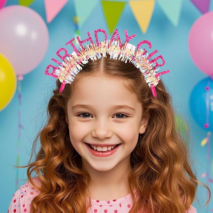 Jaciya Birthday Girl Glitter Headband for Women Girls Sparkling Hot Pink Party Hair Accessories with Confetti Tinsel
