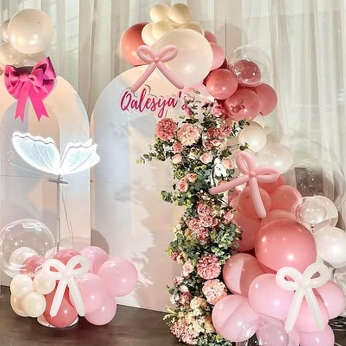 Pink and White Balloons Arch, Dusty Pink Bow Balloons Garland, Blush Beige Cream Latex Balloon, White Long Balloon as Bow Decor for Neutral Boho Birthday Party Baby Shower Bridal Wedding