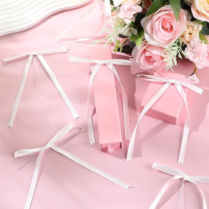Riceshoot 100 Pcs Twist Tie Bows Bulk 5x7 Inch Satin Ribbon Bows for Gift Wrapping Cake Treat Bags Craft DIY Gift Wedding Baby Shower Birthday Party (White)