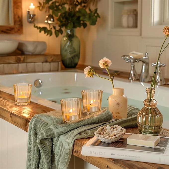 ComSaf Votive Candle Holders, 24 PCS Glass Candle Holders, Ribbed Tealight Candle Holder for Table Centerpieces, Gold Candle Holder for Wedding, Party, Baby Shower, Special Occasions, Fall Home Decor