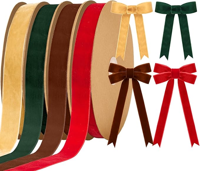 Chuangdi 80 Yards Christmas Velvet Ribbon, 4 Rolls 1" Wide Vintage Ribbon for Xmas Gift Wrapping Christmas Tree Wreath Ornaments DIY Crafts Decoration, Dark Red Green Brown Khaki
