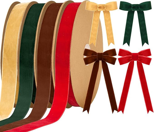 Chuangdi 80 Yards Christmas Velvet Ribbon, 4 Rolls 1" Wide Vintage Ribbon for Xmas Gift Wrapping Christmas Tree Wreath Ornaments DIY Crafts Decoration, Dark Red Green Brown Khaki