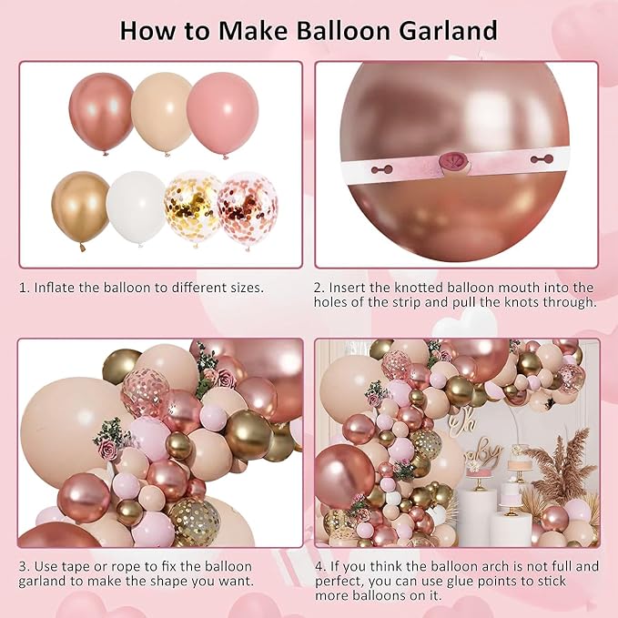Rose Gold Pink Balloon Garland Kit, Pastel Pink Gold Metallic Nude White Balloons Rose Gold Confetti Balloons for Bridal Shower Wedding Birthday Princess Party Decorations
