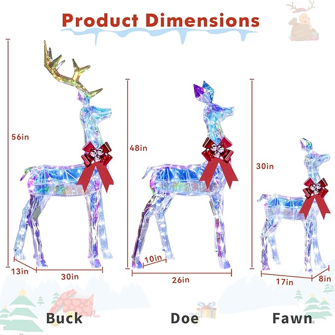 3-Piece Large Lighted Christmas Deer Family Set, 5FT Reindeer Christmas Decoration for Yard, Lawn, Front Porch, Xmas Deer Outdoor Decor with 260 LED Lights, Stakes, Zip Ties - Iridescent