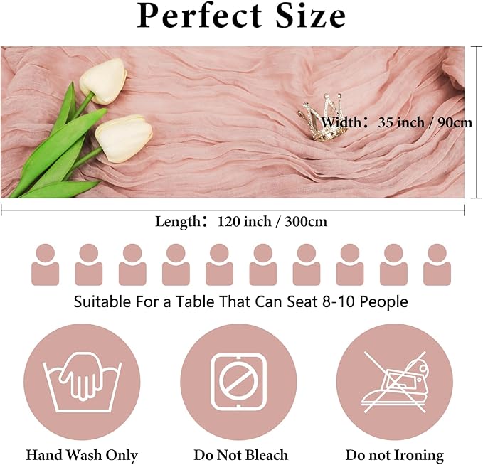NESCCI 2 PCS Dusty Pink Table Runner,Rustic Boho Cheesecloth Table Runner,35x120 Inches Runners for Tables, Pefect for Mothers Day Wedding Baby Shower Birthday Party Home Decorations