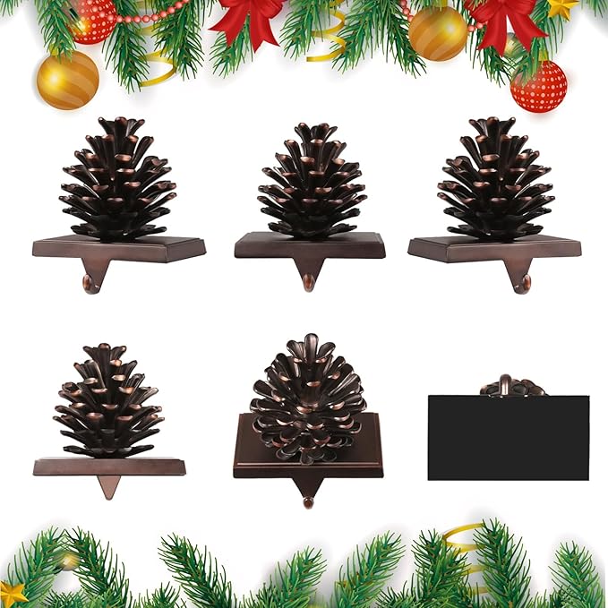JUSTOTRY 3D Pine Cones Christmas Stocking Holders for Mantle Set of 4 with Non-Skid Brown Stocking Holder for Fireplace Home Decor Holiday Gifts Xmas Decorations Supplies