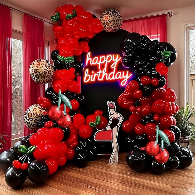 Red Black Balloon Arch Kit, Double Stuffed Black Burgundy Ruby Red Balloon Garland Foil Cheetah Print Balloons for Cherry Birthday Bachelorette Baby Shower Halloween Party Decorations