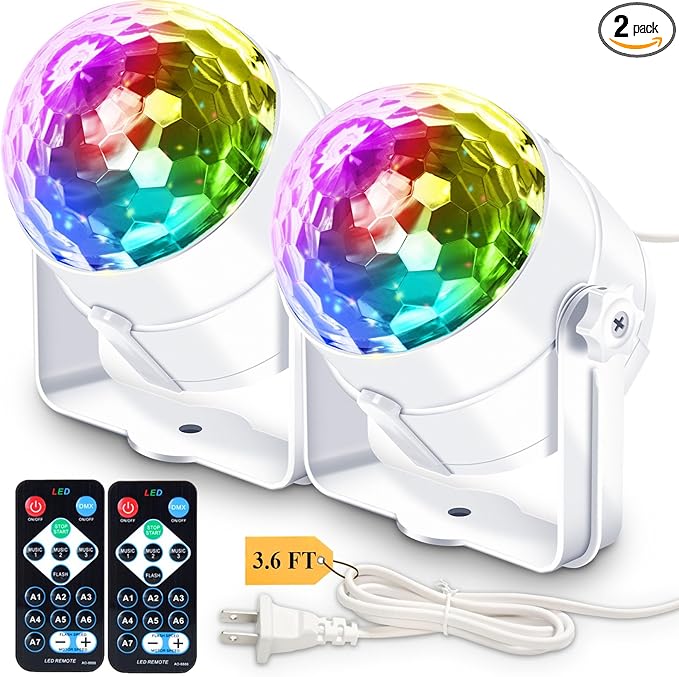 [2-Pack] Disco Ball Party Light Sound Activated with Remote, 12 Modes Stage Strobe DJ Light for Christmas Party Decorations Stocking Stuffers White Elephant Gifts White Birthday New Years Eve