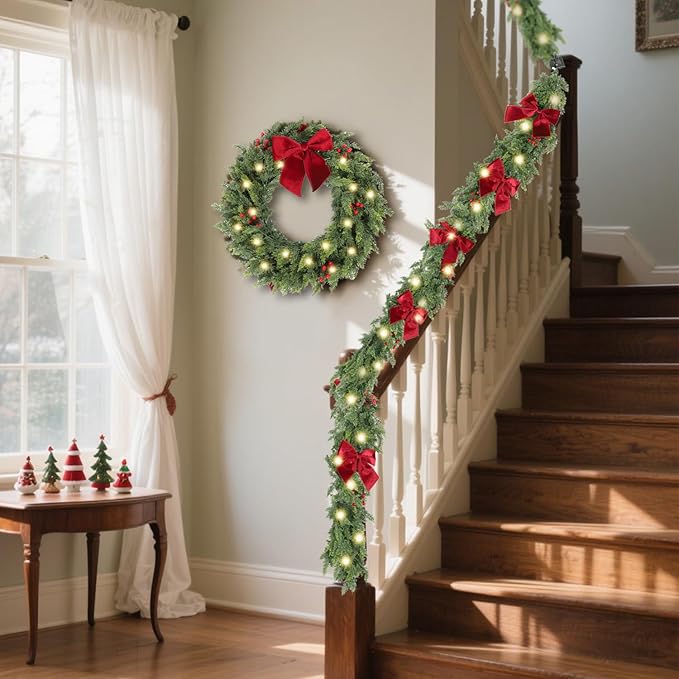 9ft Christmas Garland with Lights,Lighted Cedar Garland for Mantle,Prelit Real Touch Artificial Green Christmas Winter Garland with Large Burgundy Velvet Bow for Indoor Outdoor Decor