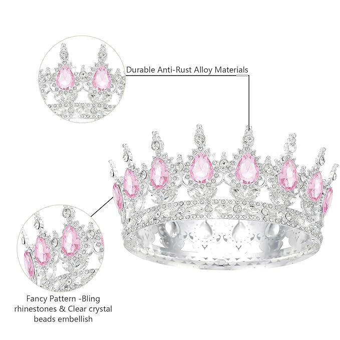 Queen Crown Rhinestone Wedding Tiaras for Women Costume Party Hair Accessories Princess Birthday Tiara Crystal Bridal Crown (Silver Pink-1)