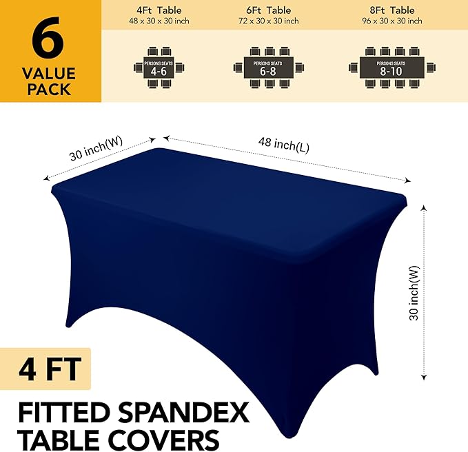 6-Pack Premium Navy Blue Spandex Tablecloths for 4ft Rectangle Tables, Stain & Wrinkle-Resistant, Washable Stretch Polyester Fitted Table Cover for Weddings, Banquets, Trade Shows Events
