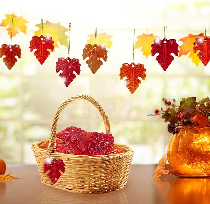 12Pcs Fall Thanksgiving Glass Maple Leaf Ornaments Small Tree Hanging Glass Ornament for Thanksgiving Party Hanging Decor Tree Decor Autumn Fall Harvest Farmhouse Home Decorations