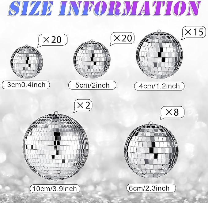 65 Pcs Disco Balls Decorations Assorted Size Disco Ball Ornament Reflective Hanging Mirror Ball Mini Large Silver Balls for Christmas Party Wedding Dance Ballroom Stage(4/2.4/2/ 1.6/1.2 in)