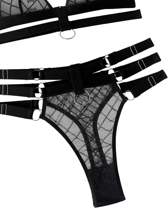 Lilosy Sexy Wireless Choker O Ring Linked Strappy Harness Lingerie Set Outfits 3 Piece