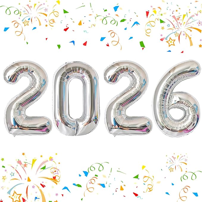 KALOR 42 Inch 2026 Silver Foil Mylar Number Balloons, Giant 2026 New Years Decorations for 2026 Happy New Year Eve and Graduations Party Supplies