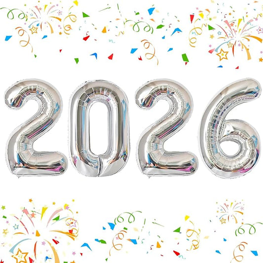 KALOR 42 Inch 2026 Silver Foil Mylar Number Balloons, Giant 2026 New Years Decorations for 2026 Happy New Year Eve and Graduations Party Supplies