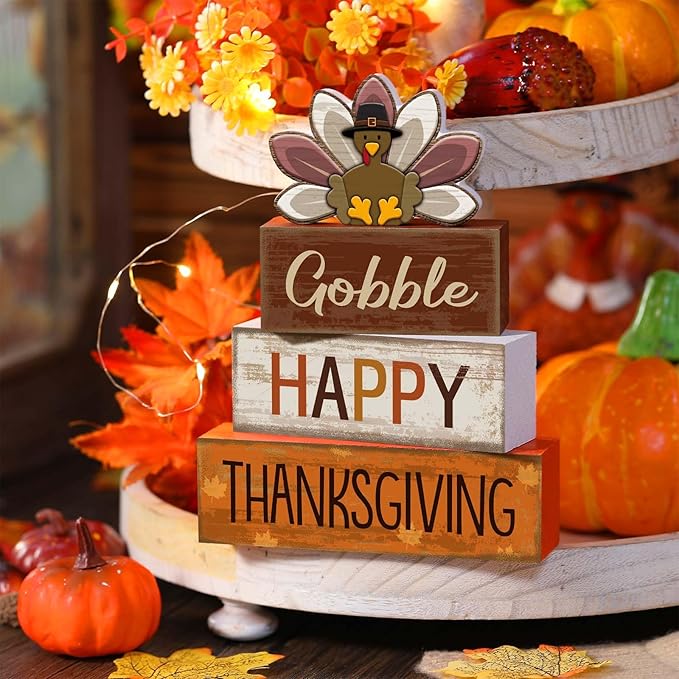 4 Pcs Thanksgiving Decorations for Home Wooden Turkey Thanksgiving Table Centerpiece Fall Tiered Tray Decor Rustic Wooden Turkey Block Sign for Autumn Harvest Party Table Kitchen Shelf