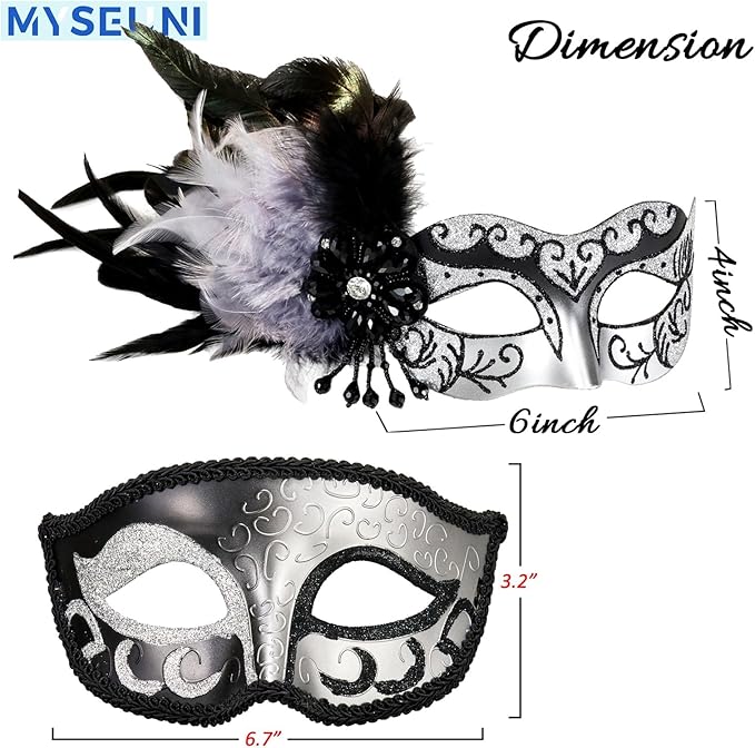 2025 New Masquerade Mask with Feather for Couples - Women's Masquerade Mask with Feather & Men Venetian Costume Mask