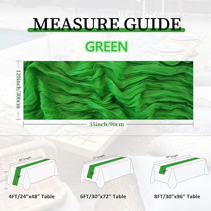 6 Pack Green Cheesecloth Table Runner 10FT Boho Gauze Fabric 35 x 120 Inch Rustic Sheer Runner for Christmas Centerpiece Wedding Decor Baby Shower Party Boho Table Decoration