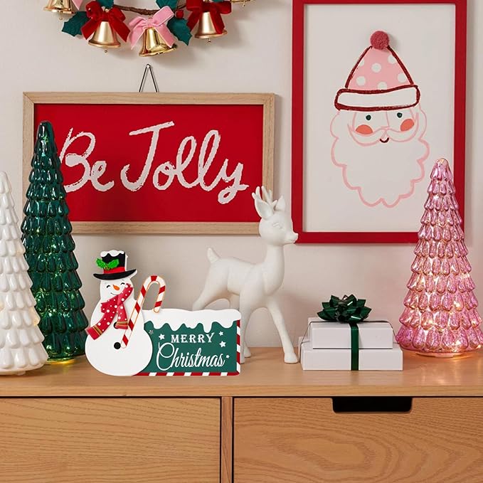 Christmas Decorations for Home Farmhouse Snowman Decor Indoor Wooden Merry Christmas Sign Rustic Winter Vintage Holiday Block Tabletop for Kitchen Xmas Party Mantel Tiered Tray Gift