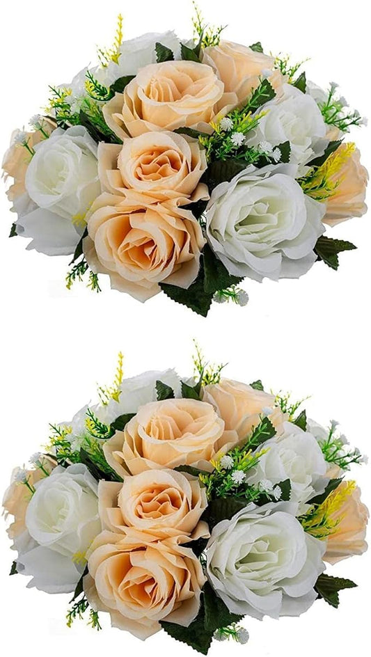 Artificial Flowers Kissing Ball, 2 Pcs Faux Flower Balls Fake Flower 15 Heads Plastic Roses with Base Wedding Bouquets Party Table Decor Home Decor Bouquet for Wedding Centerpieces (Champagne White)