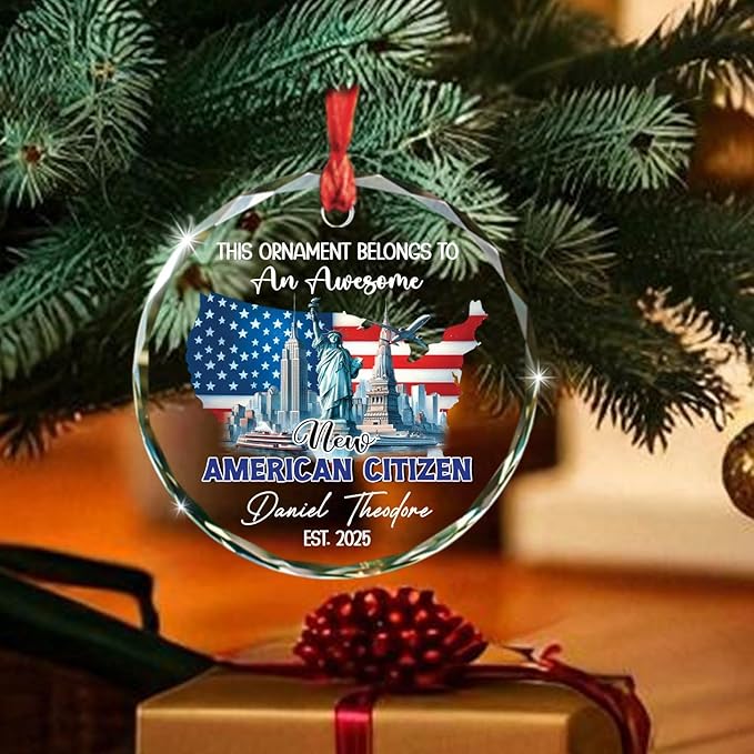 This Ornament Belongs to an Awesome New American Citizen Ornament, Personalized Citizenship Glass Christmas Ornaments Gifts for Family Friends, Custom Name USA American Citizen Xmas Decorations 2025