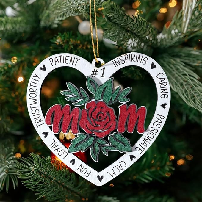 Best Mom Christmas Ornament – Heart Shaped Wooden Hanging Decoration with Rose Design, Gift for Mother, Sentimental Keepsake Ornament for Mom, Mother’s Day or Holiday Tree Decoration