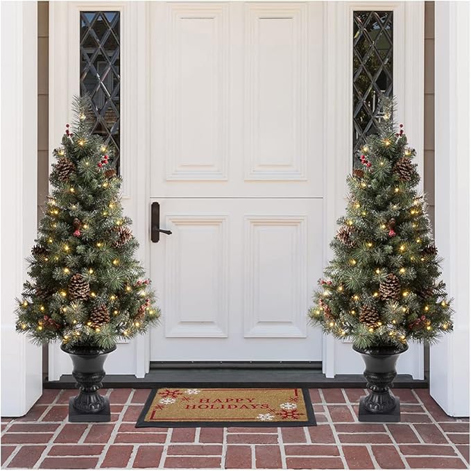 Glitzhome 2 Pack 4ft Pre-Lit Flocked Small Christmas Tree with Pinecones & Berries,100 Warm White Lights, 224 PVC & Pine Needle Mixed Branch Tips, Potted Christmas Tree for Porch Home Office