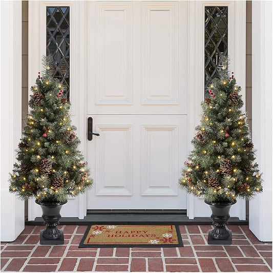 Glitzhome 2 Pack 4ft Pre-Lit Flocked Small Christmas Tree with Pinecones & Berries,100 Warm White Lights, 224 PVC & Pine Needle Mixed Branch Tips, Potted Christmas Tree for Porch Home Office