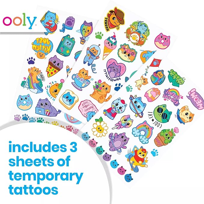 Ooly 50 Glitter Temporary Tattoos For Kids, Safe & Non-Toxic Temporary Tattoo, Party Favors Gifts for Kids, Great Goodie Bag Stuffers & Fun Birthday Decorations - Colorful Cats